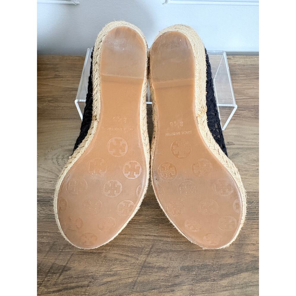 Tory Burch Jackie Lace Espadrille Wedge Peep Toe Bow Black Coastal Chic 8.5 - Picture 11 of 12